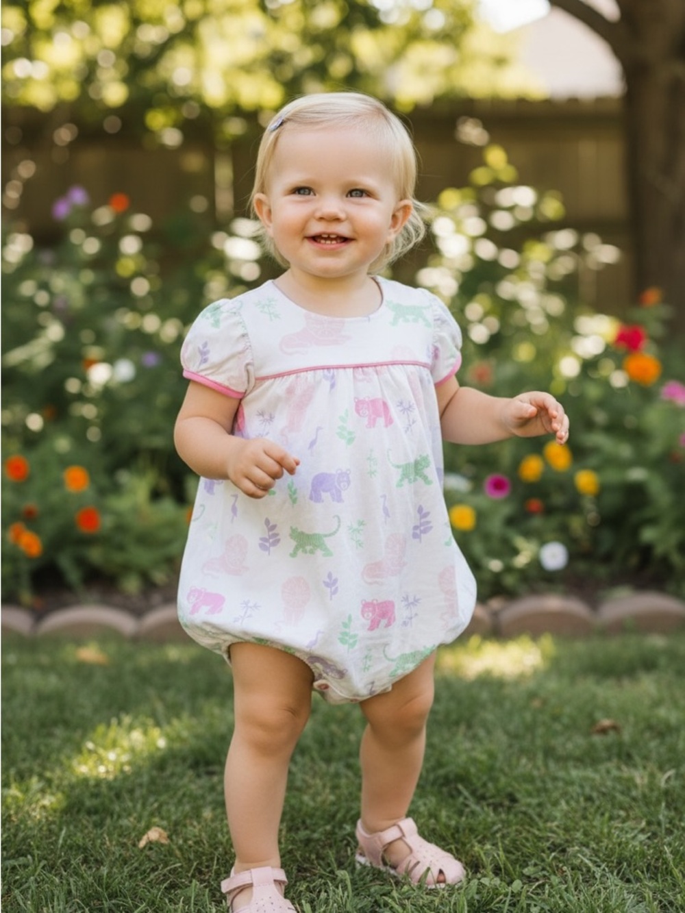 TBBC Blythe Bubble in the "Party on Party Animal" print 2T